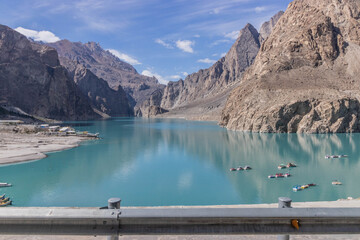 Boats in Attabad lake in Hunza valley, Gilgit-Baltistan region of Pakistan