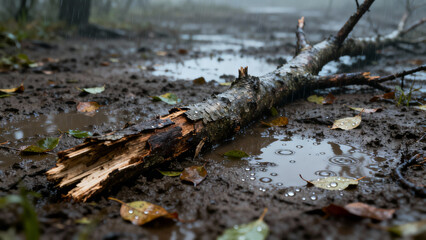  A broken tree branch lying in mud after a storm, scattered leaves and water droplets. gardening catalogs, home-decor guides, designed for gardening and botanical catalogs, celebrates nature.