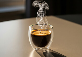 Double-walled glass of dark espresso with steam rising in the shape of a DNA double helix