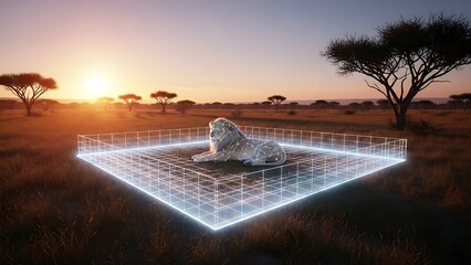 A digital lion resting on a glowing platform at sunset in africa