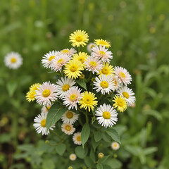 Cluster of white and yellow daisies blooming in a green field  