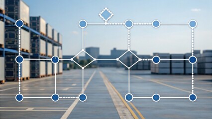 A visual representation of a logistics flowchart set against a backdrop of shipping containers in a warehouse.