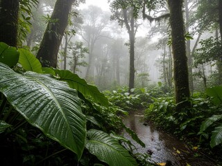 A misty rainforest scene with a stream running through dense tropical vegetation on a rainy day.