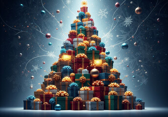 Creative Christmas tree made from a large stack of colorful gift boxes with glowing lights and ornaments