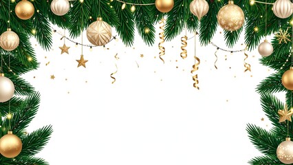 Timeless evergreen branches and festive streamers in neutral tones. Use for high-quality greeting cards and corporate holiday invitations.