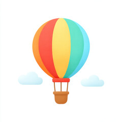 Obraz premium Colorful hot air balloon icon with red, yellow, green, and blue stripes floating between two clouds on white background, cheerful and playful design