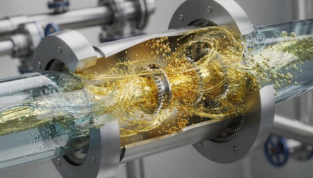 Closeup of a highshear rotorstator emulsifier mixing oil droplets in an inline system showcasing dynamic dispersion and fluid interaction in industrial processing.