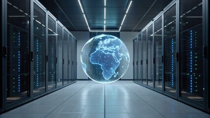 A futuristic data center featuring server racks, illuminated by blue lights, with a digital globe highlighting Africa at the center.