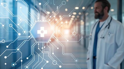 A healthcare professional stands in a modern medical setting, surrounded by digital technology and health symbols, signifying innovation in medicine.