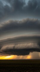 Large storm cloud formation over a field at sunset with orange glow on the horizon.