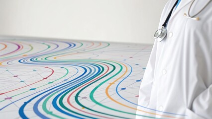 A medical professional in a white coat stands beside a colorful, abstract pattern on a surface, symbolizing data, health, and innovation.