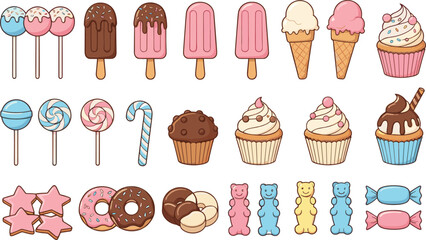Cute pastel sweets and desserts vector set with ice cream cupcakes donuts candy and lollipops illustrations