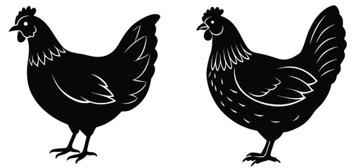 Rooster and hen silhouette collection, farm animal illustration, poultry vector artwork, black and white graphic, rural livestock design, chicken drawing © mstkhatija