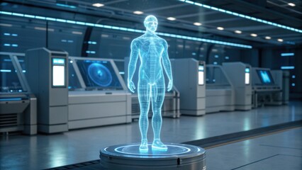A futuristic holographic representation of a human figure stands in a high-tech laboratory with glowing blue lights and sleek design.