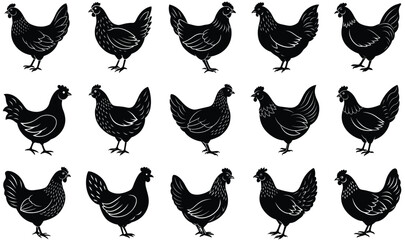 Rooster and hen silhouette collection, farm animal illustration, poultry vector artwork, black and white graphic, rural livestock design, chicken drawing © mstkhatija