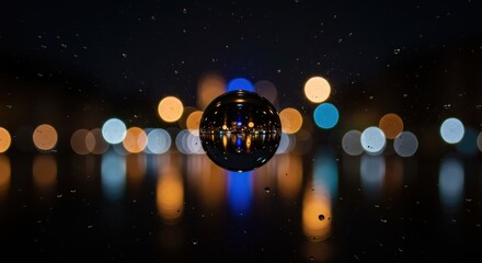 Reflective sphere captures inverted city lights against a dark, rainy backdrop