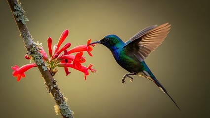 Obraz premium A vibrant hummingbird gracefully feeding on bright red tubular flowers in nature