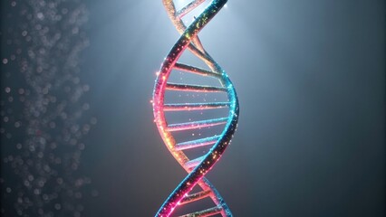 A vibrant, artistic representation of a DNA double helix against a dark background, showcasing colorful, sparkling strands.