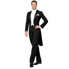 Elegant man wearing a black tuxedo posing confidently on white background  