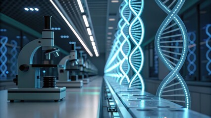 A modern laboratory equipped with microscopes and illuminated DNA strands, showcasing advanced scientific research and innovation.