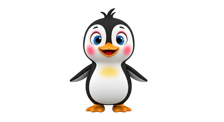 Obraz premium Cheerful cartoon penguin character stands with a bright smile and rosy cheeks on black background.
