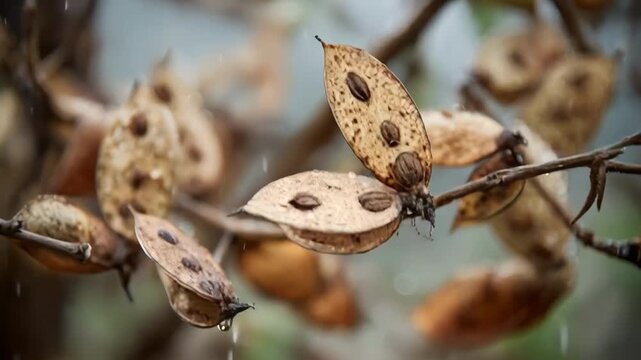 Closeup of moistureactivated seed pods releasing seeds as water triggers natural decomposition in an ecofriendly environment