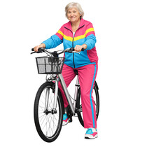 Elderly woman riding bicycle in colorful activewear outdoors  
