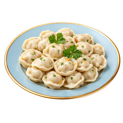 Steamed dumplings served on a blue plate with herbs and spices  