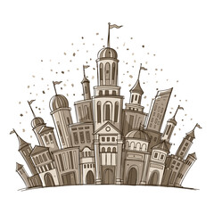 Abstract cityscape illustration with various architectural styles  