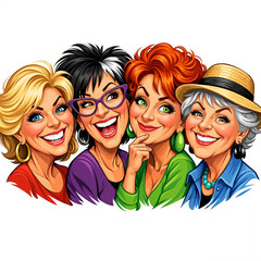Four cheerful women smiling together in colorful outfits and accessories  