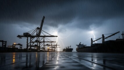 Industrial harbor with cranes and cargo ships on a stormy night with dark clouds and reflections on wet pavement.