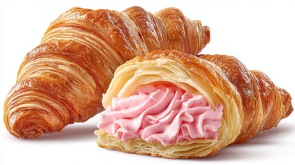 Deliciously golden croissant cut in half to show off a luscious pink filling, invitingly showcasing layers of flaky pastry. Ideal for breakfast or a sweet indulgence any time of day