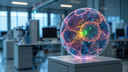 A glowing, colorful orb representing atomic or molecular structure, set in a modern workspace filled with scientific equipment.