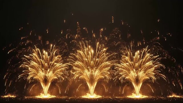 Three synchronized golden stage firework fountains erupt upward on a dark background, creating a dramatic premium celebration scene ideal for concerts, award shows, and brand launches.