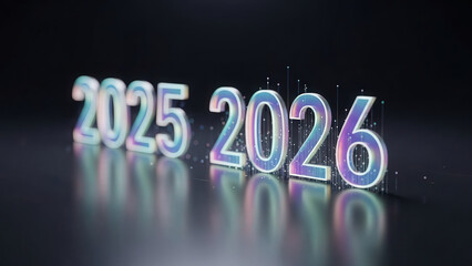 Holographic 2026 emerging from blurred 2025 futuristic style