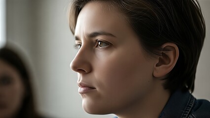 Close-up portrait of a young woman looking sideways in a neutral background indoor setting