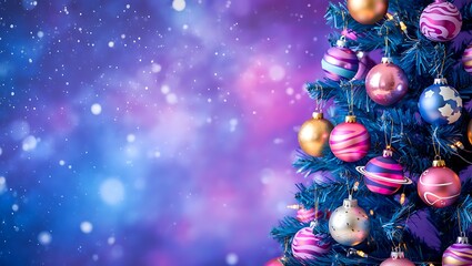 Christmas tree with colorful ornaments on purple blue background with snowflakes