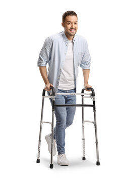 Young man with mobility assistance using a walker