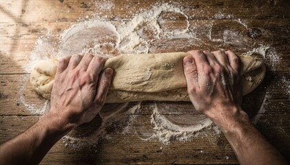 Closeup of skilled bakers hands shaping a single artisan baguette on a wellfloured wooden bench highlighting tactile dough preparation and traditional techniques.