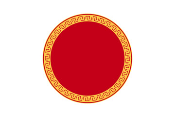 Minimalist red circular frame with intricate gold Chinese key fret (meander/leiwen) border on white background