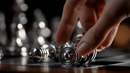 Skilled hand positioning gleaming metal chess pieces, highlighting strategic focus and refined gameplay during competitive mental confrontation