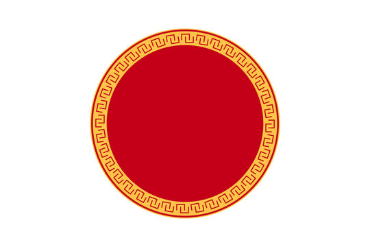 Minimalist red circular frame with intricate gold Chinese key fret (meander/leiwen) border on white background