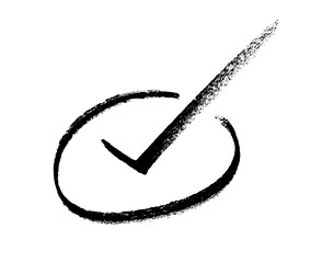 Hand-drawn black brush check mark. Bold, expressive tick symbol with artistic texture.