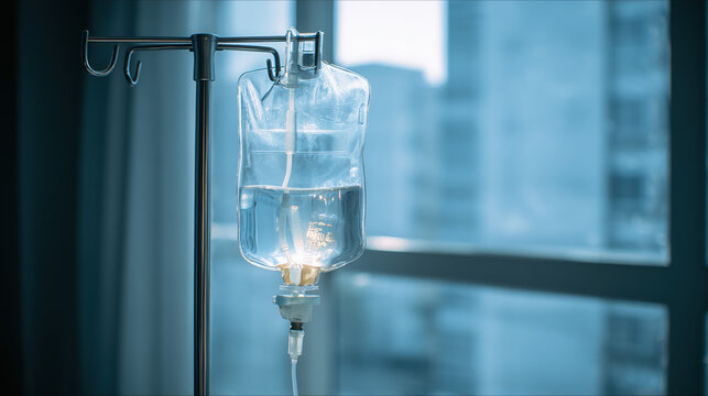 IV saline bag by window with shadow