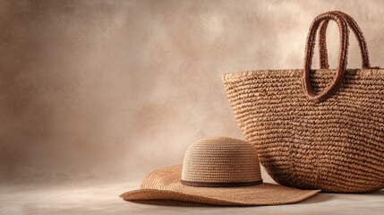 Stylish summer accessories featuring straw hat and woven bag on neutral background,National Wicker Day