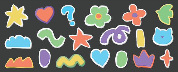 Set of naive sticker elements. Pastel hand-drawn paper cut shapes, hearts, stars, and flowers for digital scrapbooking and creative collage design.