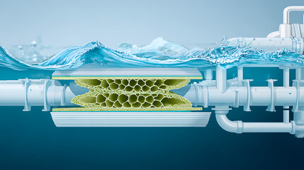 Technical illustration of a water purification and filtration system, diagram showing clean water treatment process with pipes and filters.
