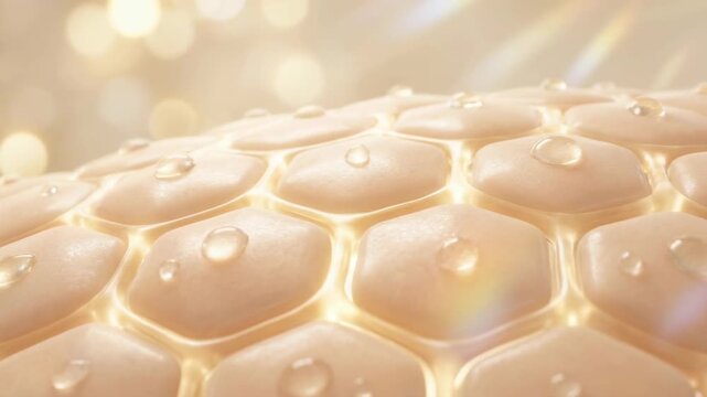 A close-up reveals the exquisite details of hydrated skin cells, showcasing the structure's hydration. A captivating macro shot that unveils the beauty of human body.