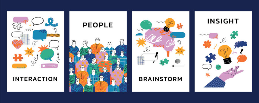 Creative team Interaction and brainstorming poster set. Stylized diverse people group with insight and innovation symbols. Design elements for presentation or report.