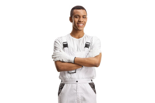 African american young painter in white overalls